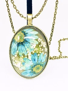 Handmade Boho Floral Necklace, Natural Real Dried Flower Pendant Necklace Blue - Picture 1 of 12