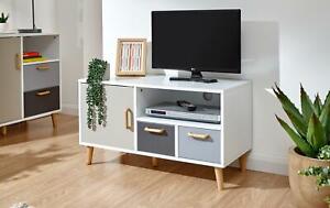 White Multi Coloured TV Stand 2 Drawer 1 Door Cupboards Wood Spindle Legs Delta