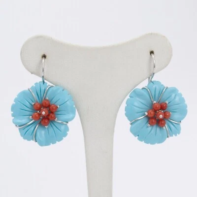 ORECCHINI IN ARGENTO 925 CON CORALLO ROSSO E FIORI DI PASTA DI TURCHESE AGHT 092 - Immagine 1 di 3