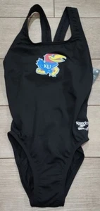 NWT Speedo Youth Girls Endurance Black Swimsuit Size 8/24 NCAA Kansas Jayhawks - Picture 1 of 5