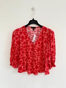 New Look Floral Blouse Red Pink Half Sleeve Button Front Peplum UK 12 - BNWT £20 - Picture 1 of 7