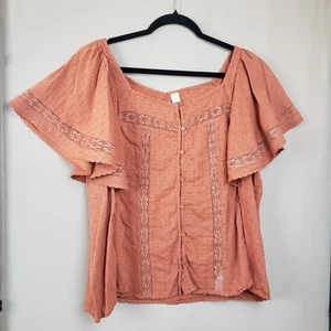 Old Navy Peasant Top Sz XL Clip Dot Lace Inset Flutter Sleeves Button Front Boho - Imagen 1 de 6