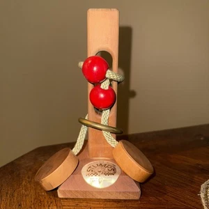 Vintage 1979 Stumps Puzzle Lumberjack Toy Wooden/Brass Ring brain teaser Type A - Picture 1 of 10