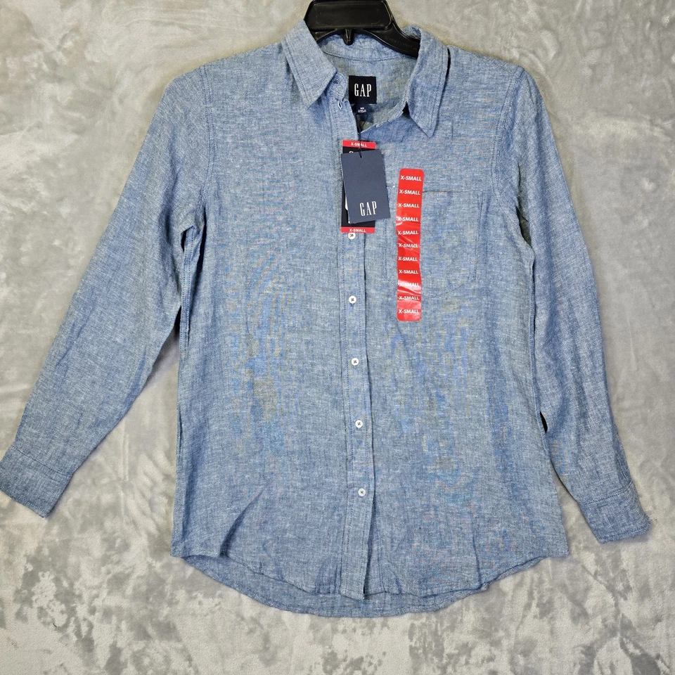 Gap Women's Linen Button Down Top Size XS Blue Crosshatch