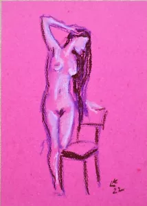 Nude Woman Pastel Drawing – 12x8 Figure Art on Bold Pink Paper - Picture 1 of 5