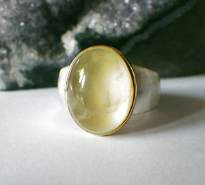 SCHMUCK-STCK Prehnit grün Ring Silber Caboch 18 56 vergoldet mattiert groß oval - Picture 1 of 5
