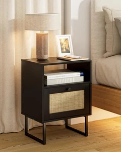 Rattan Nightstand, Boho Night Stand Wood Farmhouse Bedside Table with Storage... - Picture 1 of 9