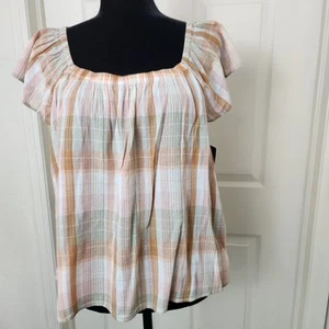 Lucky Brand Emily Plaid Short Flutter Sleeve Shirt Top Medium New Peach Green - Picture 1 of 9