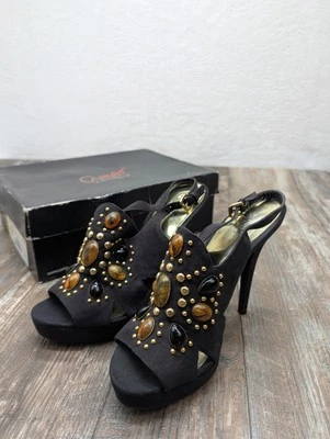 "Zapatos de tacón alto negros para mujer Carlos Santana talla 7,5"" elegantes formales con joyas" Foto 1 de 4