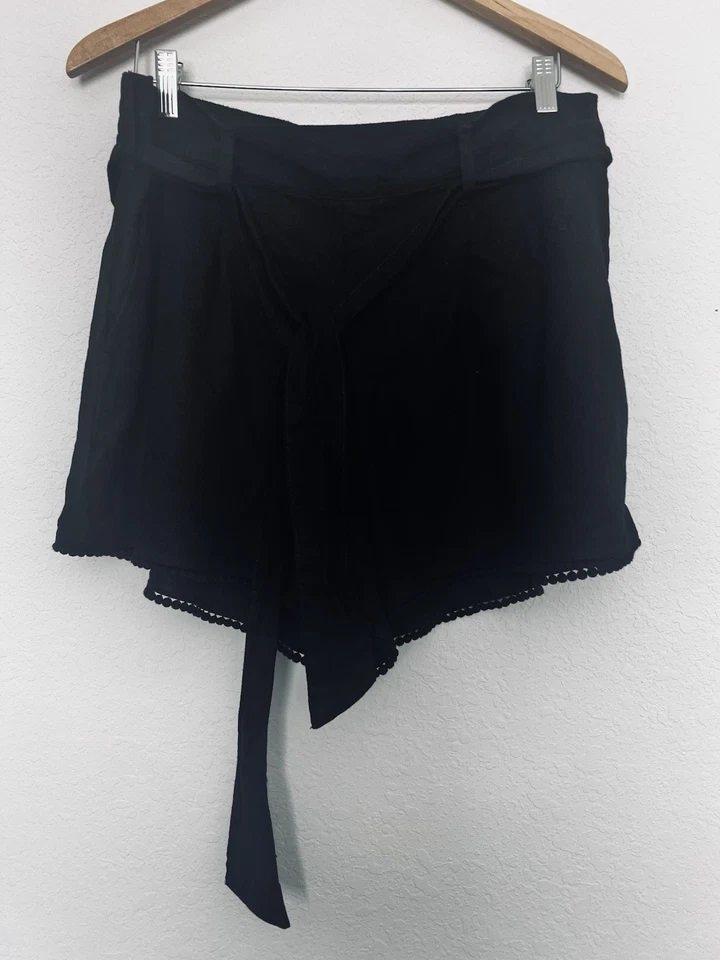 Pantalones Cortos Sofia Jeans Mezcla Lino Talla 14 Negro Cinturón Plisado Corbata Crochet Dobladillo Boho Foto 1 de 4
