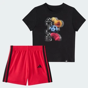 adidas kids Two-Piece Short Sleeve Graphic Cotton Tee and 3-Stripes Shorts Set - Picture 1 of 7