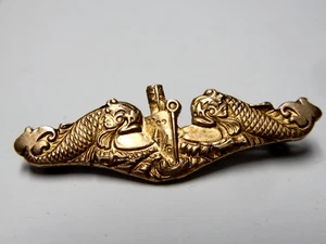 Original WWII US Navy Submarine Officer Dolphin Pin 10K on Sterling 1.5" long - Picture 1 of 6