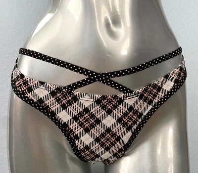 Victoria's Secret Thong Panty Nwt VS Cotton Blend Strappy Black Pink Plaid Sexy - Image 1 of 3
