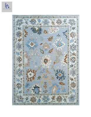Oushak Natural Blue/Cream Exquisite Hand-knotted Pandav rugs for living room - Image 1 of 4