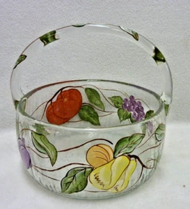CLEAR ROUND BOWL W/ HANDLE ART GLASS HAND PAINTED FRUIT & VINES 8" X  8 1/2" - Picture 1 of 11