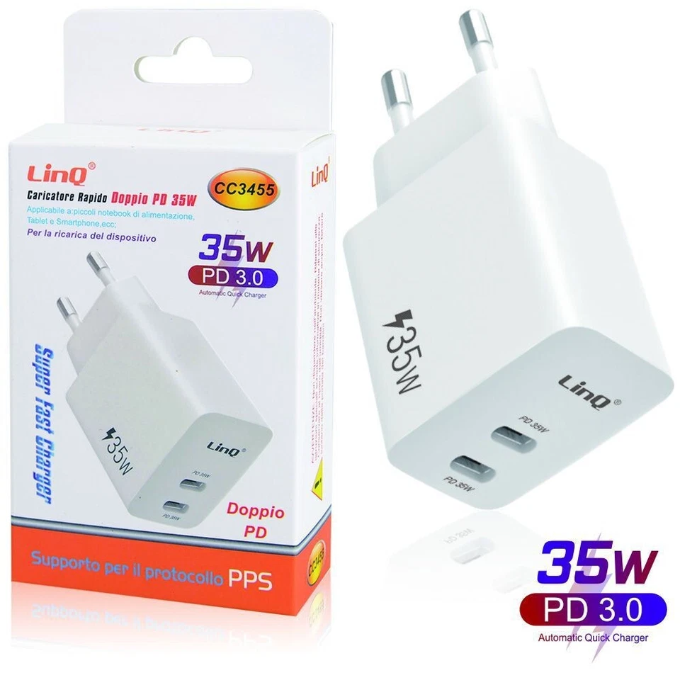 Caricatore USB-C Doppio PD 35W LinQ CC3455 Ricarica Rapida - Immagine 1 di 1