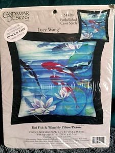 DIY 3D Cross Stitch Embellished CANDAMAR DESIGN Pillow Kit - Fish Waterlily C020 - Picture 1 of 2