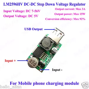 LM2596HV DC-DC Step Down Volt Converter 9V-48V 12V 24V 36V to 5V/3A USB Charger - Picture 1 of 3