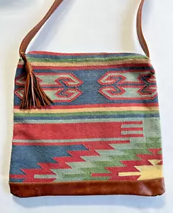 KILIM Umhängetasche Handtasche mit Lederbesatz & Quaste MEHRFARBIG türkischer Teppich EUC - Bild 1 von 11