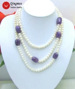 5-6mm Round Natural White Pearl Necklace for Women Amethyst 60'' Long Necklace - Picture 1 of 15