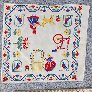 Vintage Napkin 12" Square Folk Amish Colorful Primary Colors Scandinavian FLAWED - Picture 1 of 11