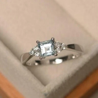 14K White Gold Over 2Ct Princess Aquamarine Diamond Engagement Anniversary Ring - Image 1 of 4