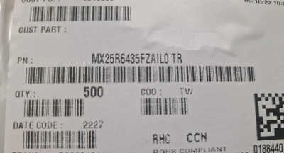 Macronix MX25R6435FZAILO IC FLASH 64MBIT, new reel 500 pcs - Image 1 of 3