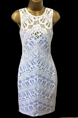 Lipsy Lace Bodycon Dress 16 Blue White Cornflower Occasion Party Wedding Xmas - Image 1 of 4