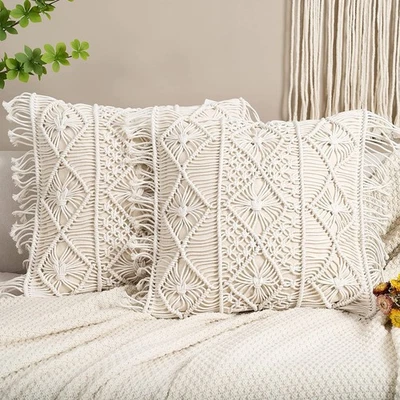 Macramé Pillow Cover- Set of 2 Boho Cushion Cover 100% Cotton Decorative Frin... - Image 1 of 4