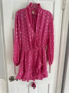 Pink Lurex Chiffon Ruffle Fringe Tassel Women’s Sz S Dress Surf Gypsy Boho - Picture 1 of 13