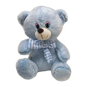 Vintage Baby Blue Teddy Bear Plush Toy Scarf Plastic Pink Eyes Soft Stuff Animal - Picture 1 of 3