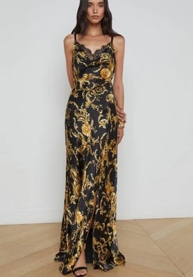 Vestido L'AGENCE Venecia Barroco Seda-Satén Ribete de Encaje Cuello Capucha abertura Alta Talla 10 Foto 1 de 4