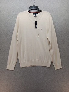 NUEVO CON ETIQUETAS Tommy Hilfiger Suéter Para Hombre Grande Beige Cuello en V Pullover Mangas Largas Logo - Imagen 1 de 11