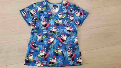 MINT PEACHES XS Scrub Top Christmas Holiday Snow Santa Snowboard Glitter Beard - Image 1 of 4