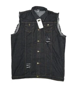 Nasky Dark Wash Distressed Ripped Denim Vest Sleeveless Retro Jean Jacket 2XL - Picture 1 of 9