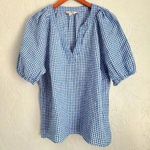 BODEN LINEN Top Blouse Blue Kingfisher Micro Gingham Brooke Shirt size 14 NEW - Picture 1 of 10