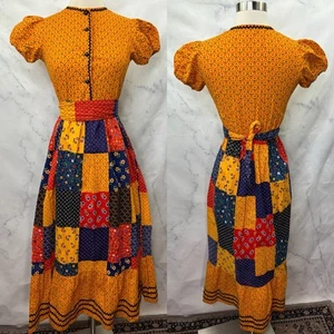 Vintage 70s Prairie Patchwork Dress Size XS Maxi Ditzy Calico Floral 1970s Flaw - Imagen 1 de 24