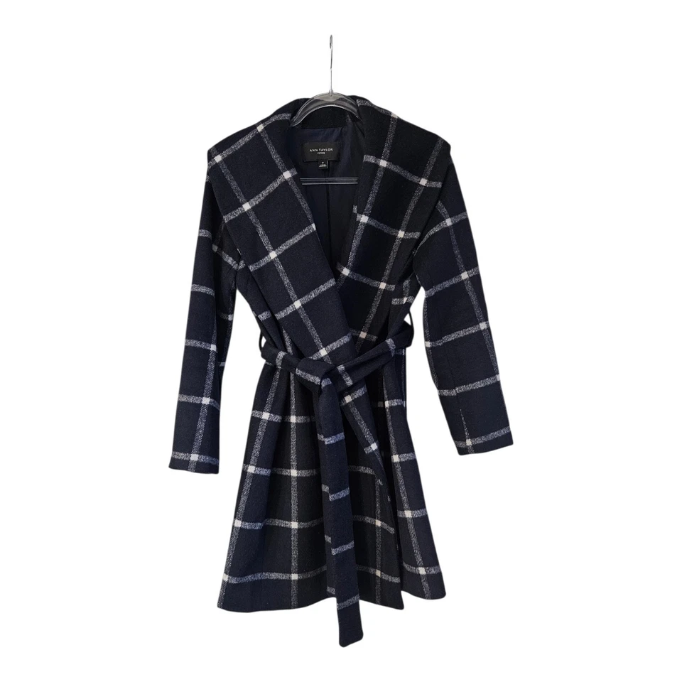 Abrigo envolvente ANN TAYLOR azul marino estampado de ventana con cuello chal mezcla de lana PEQUEÑO PEQUEÑO PEQUEÑO Foto 1 de 4
