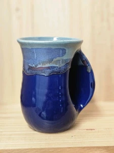 Neher Art Pottery Hand Warmer Mug Right Hand Blue Teal Drip Glaze Signed 2015 - Picture 1 of 3