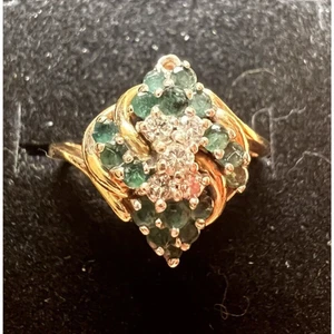 Vintage Emerald and Diamond Cocktail 14 Kt Gold Ring Women's Size 7 - Picture 1 of 12