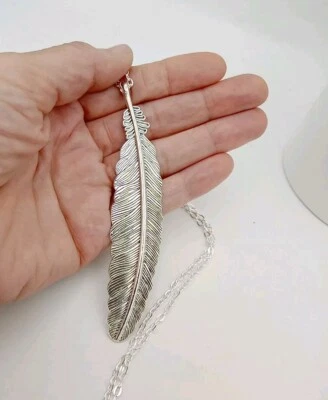Large Feather Necklace Metal Pendant vtg silver tone 30" Long chain Love Unisex - Image 1 of 4