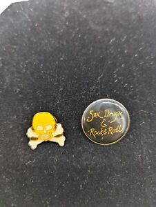 Vintage yellow Enamel Skull & Crossbones pin+ Sex Drugs & Rock & Roll pin