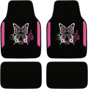 Embroidery Butterfly Car Floor Mats, Leather Pink Carpet Floor Mats with Heel Pa - Picture 1 of 8