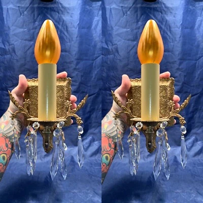 Pair Antique Brass Spanish Style Sconces With Prisms Rewired Fixtures 87C - Image 1 of 4