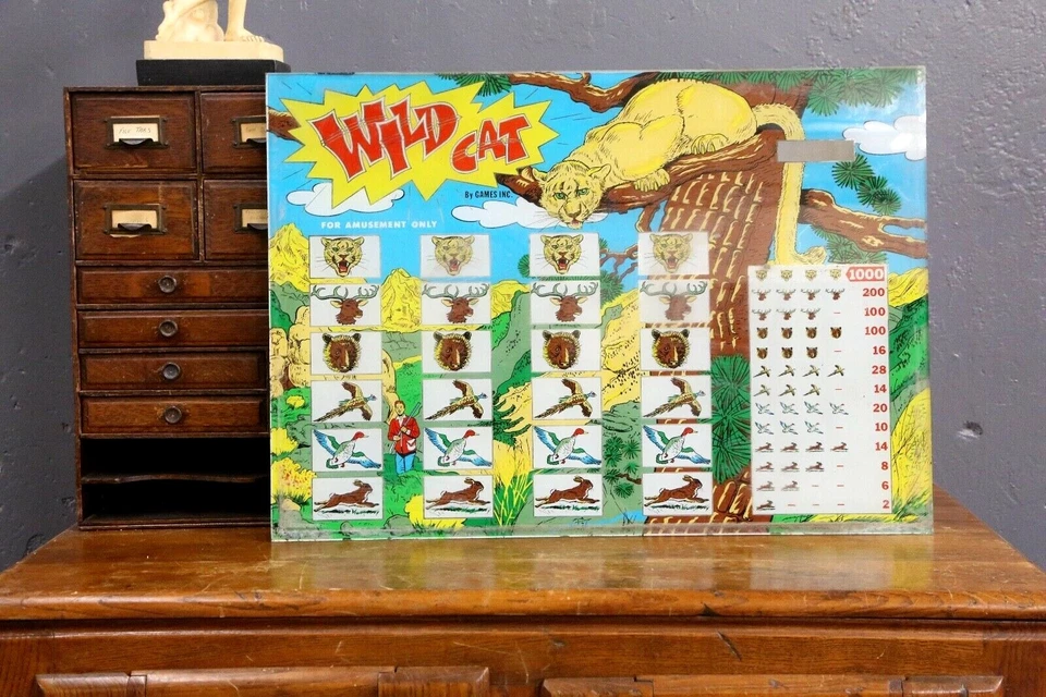 Letrero de inserción de vidrio de juego de pinball Wild Cat de colección moneda de la selva parte operativa antigua Foto 1 de 4