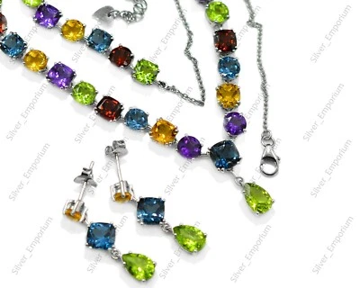 Natural Multi Gemstone 925 Sterling Silver Chain Wedding Necklace With Earrings - Image 1 of 4