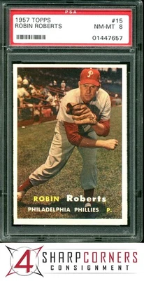 1957 TOPPS #15 ROBIN ROBERTS PHILLIES HOF PSA 8 - Image 1 of 3