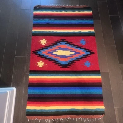 Alfombra Manta Tejida Mexicana Diamante Gruesa Boho Colorida Azteca 80x46" 203x116cm Foto 1 de 4