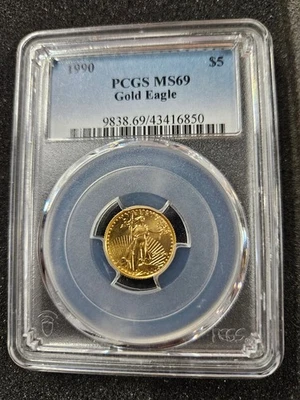 🌟 1990 $5 Gold American Eagle 1/10 oz BU Coin PCGS MS69 - Image 1 of 2