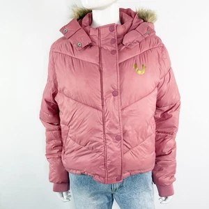 True Religion Pink Puffer Jacket Size XL Faux Fur Trim Hood Quilted Snow Winter - Picture 1 of 11